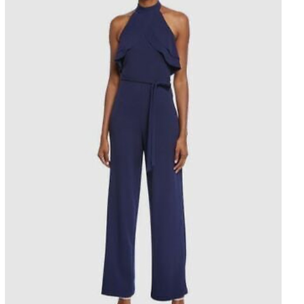 Bebe Ruffle Halter Neck Jumpsuit size 14 in Navy Blue